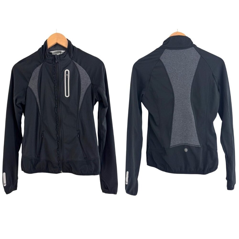 Athleta Prevail Ruffle‎ Running Jacket Black Gray Pockets Thumbholes Size S Zip